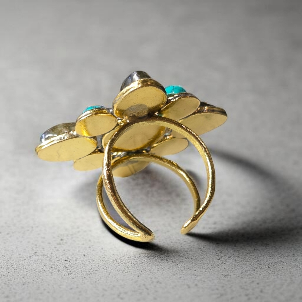 18k Gold Plated Maltese Cross Genuine Turquoise Labradorite Onyx Gemstone Ring - Picture 4 of 6